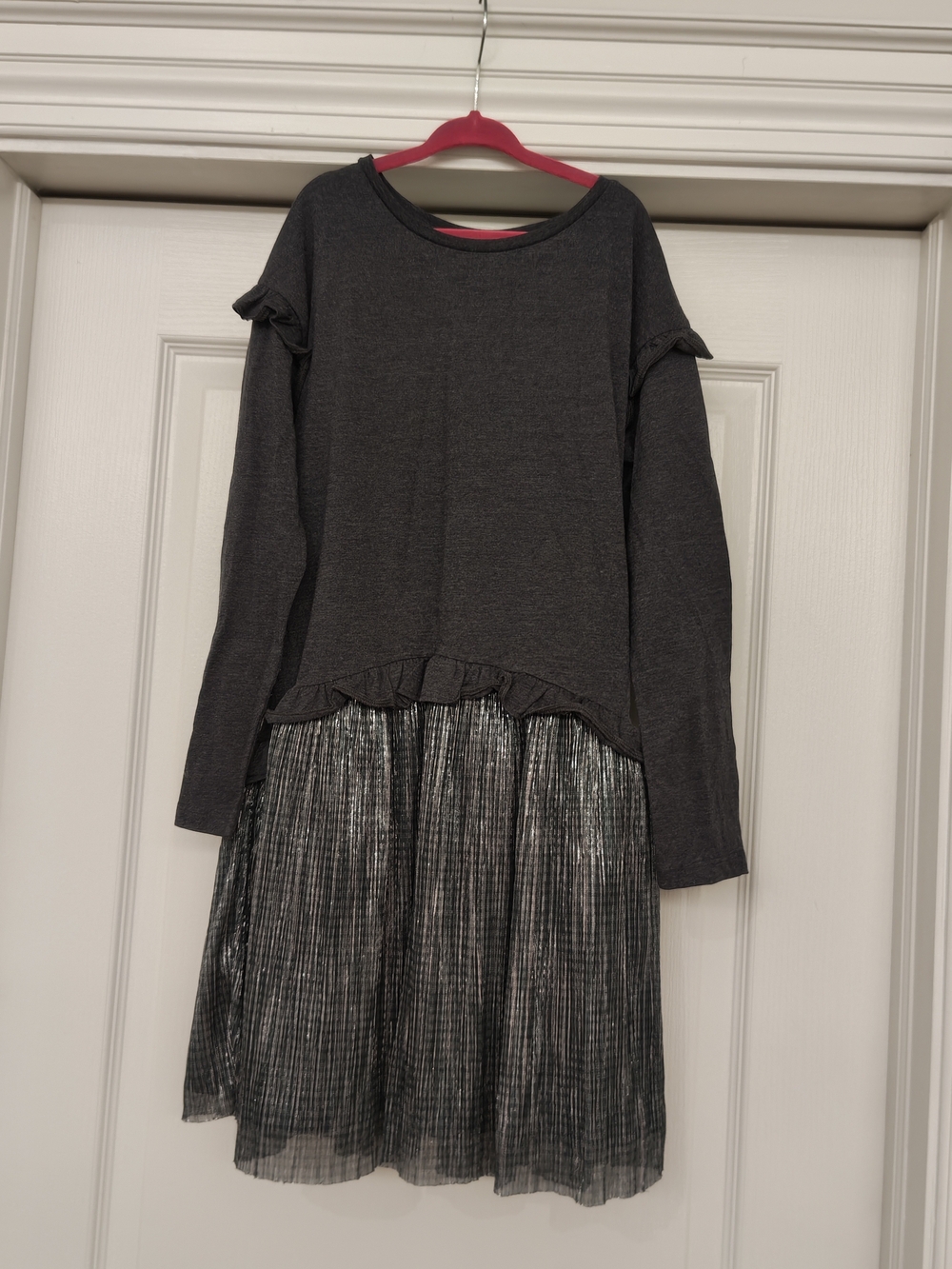 next Girls Charcoal Grey Top with Shimmery Silver Pleated Skirt Dress